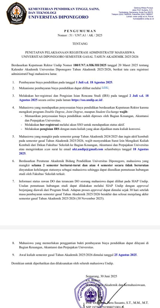 Pengumuman Her-Registrasi Mahasiswa Lama Universitas Diponegoro 2025.