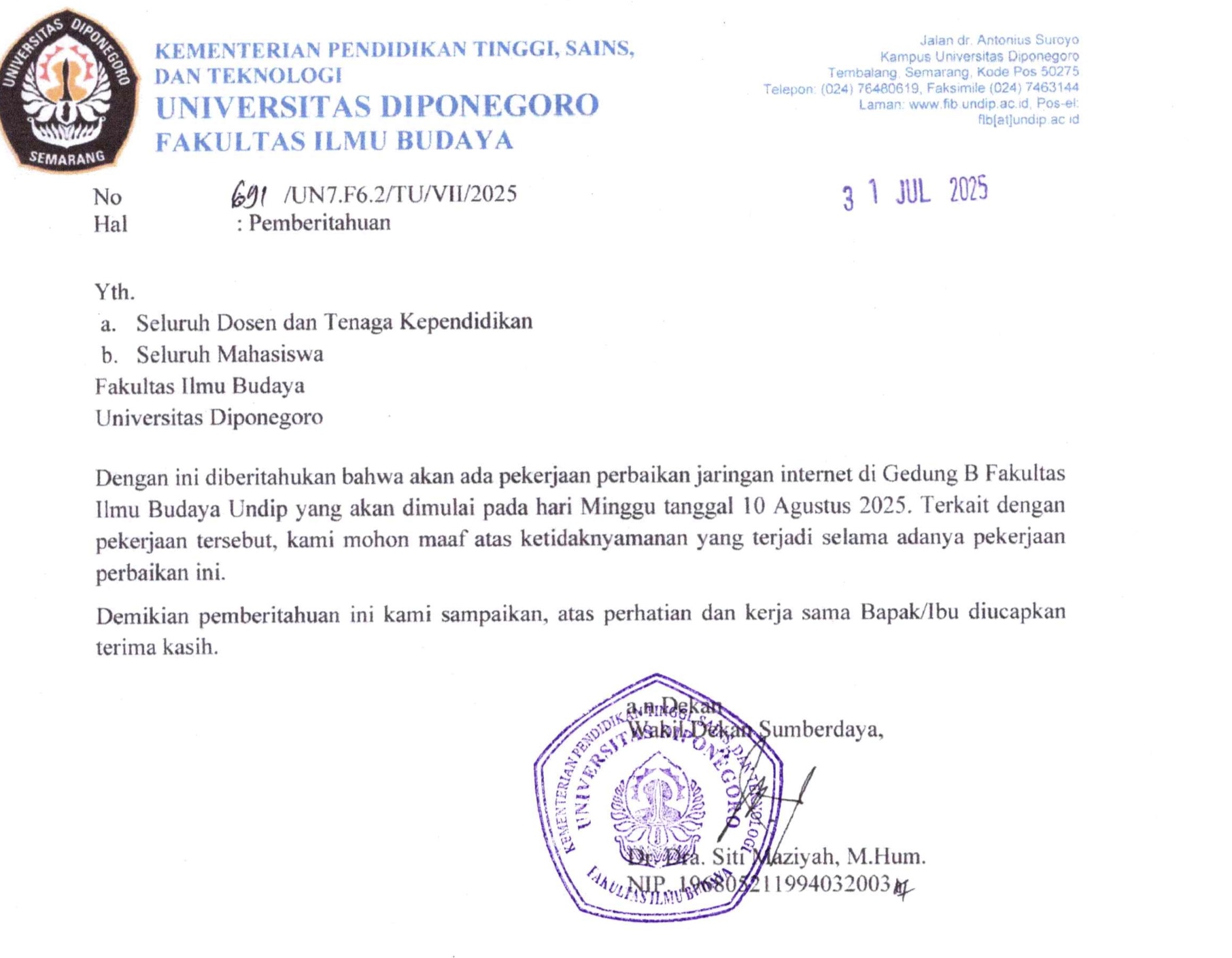 Perbaikan Jaringan Internet di Gedung B FIB Undip