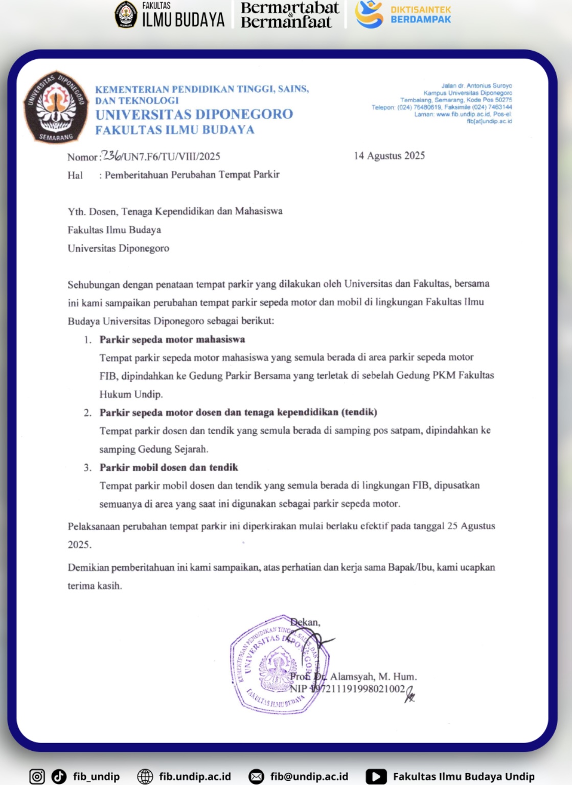 Perubahan Tempat Parkir FIB Undip.