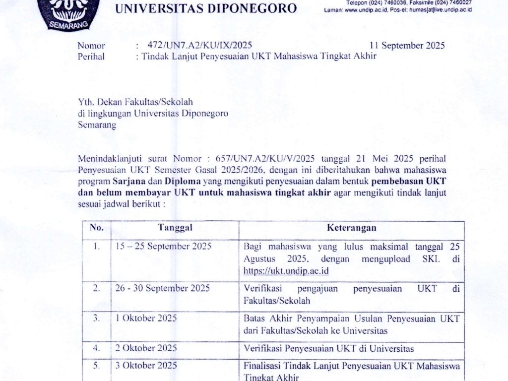 Undip Umumkan Penyesuaian UKT untuk Mahasiswa Tingkat Akhir Semester Gasal 2025/2026, Simak Jadwalnya!