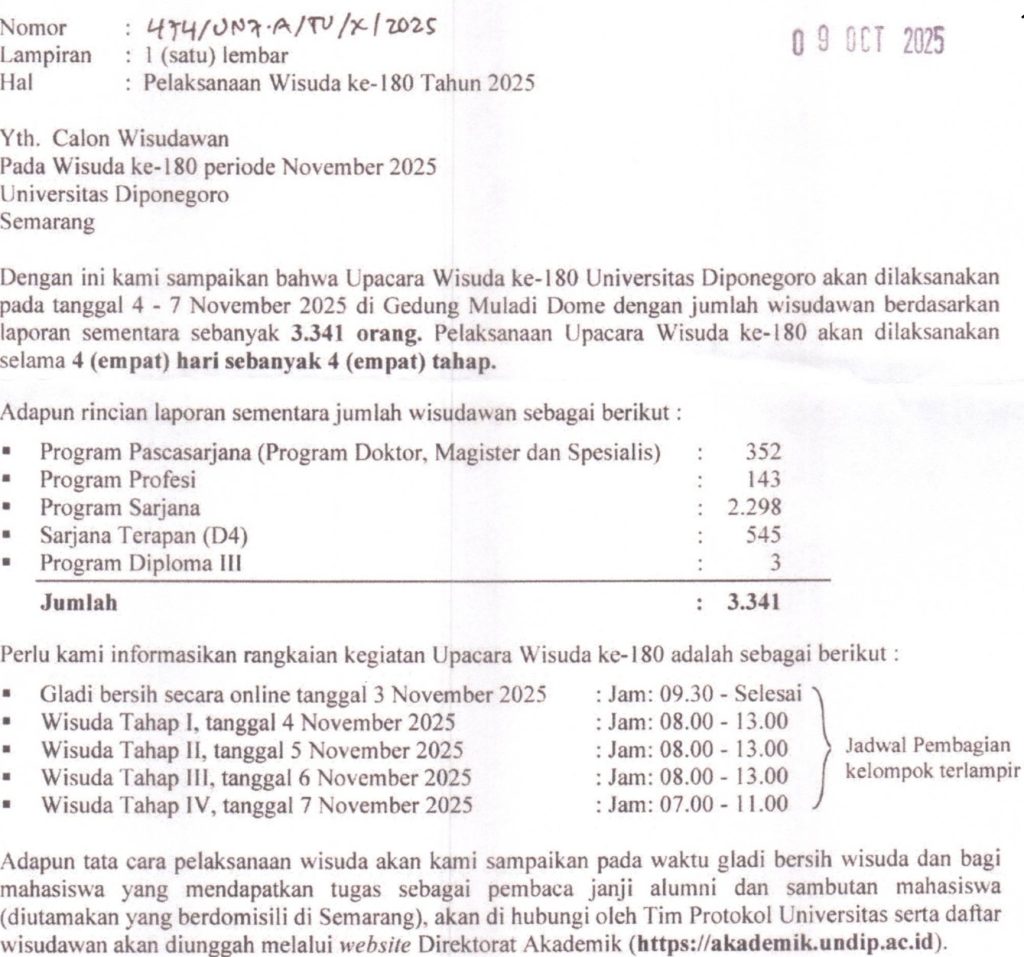 Undip Siap Gelar Wisuda ke-180: 3.341 Mahasiswa Akan Diwisuda