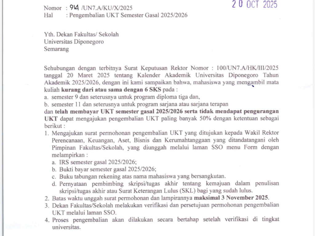 Mekanisme Pengembalian UKT Semester Gasal 2025/2026
