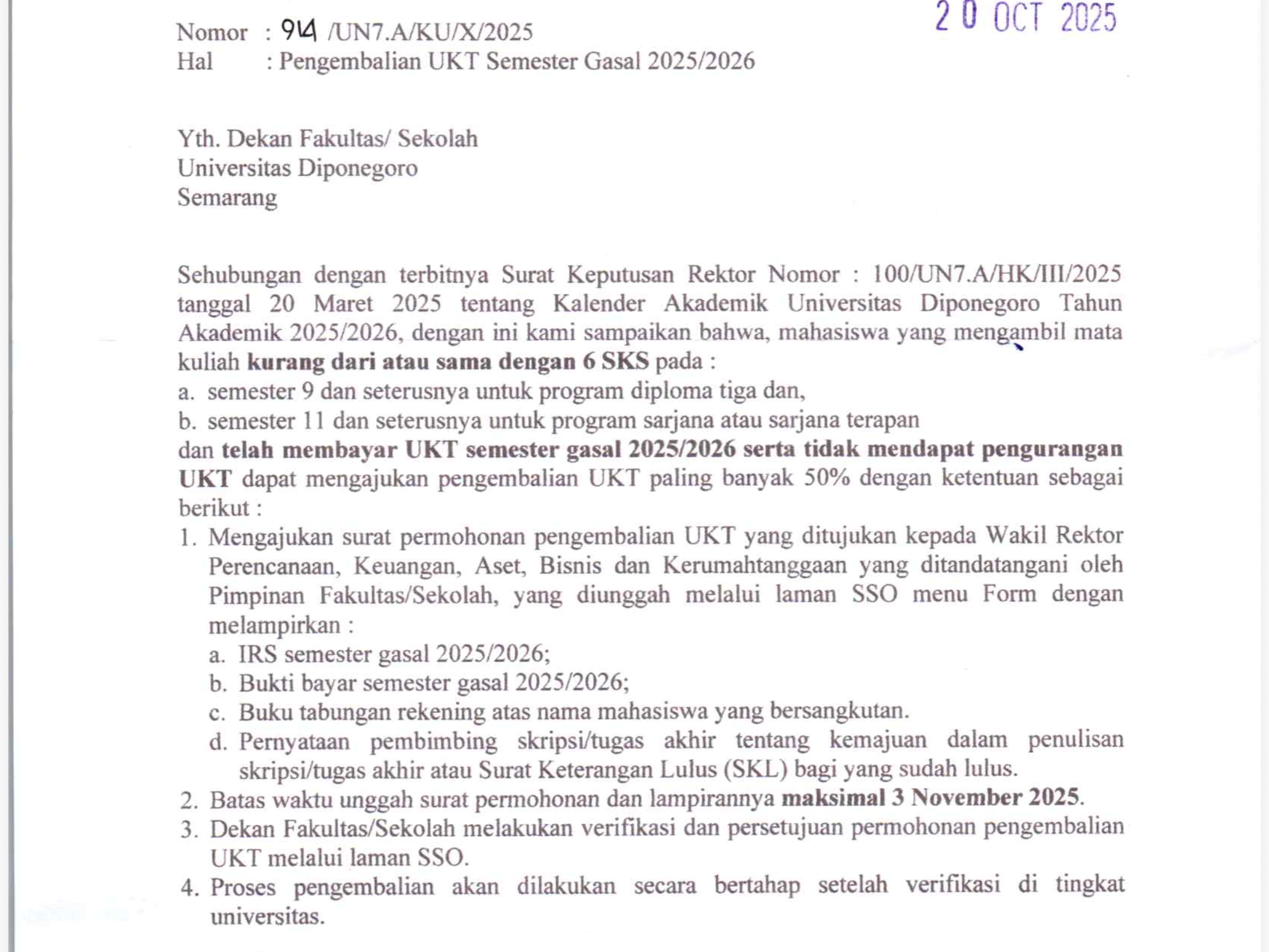 Mekanisme Pengembalian UKT Semester Gasal 2025/2026